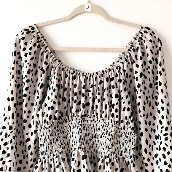 Sincerely Jules Womens White Black Balloon Sleeve Smocked Spotted  Blouse Size M - Picture 2 of 7
